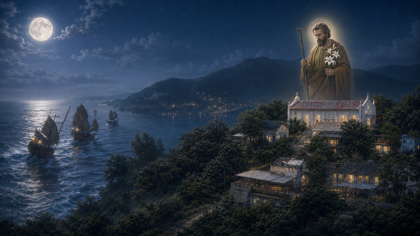 A guardian figure watching over the village from the chapel hill
