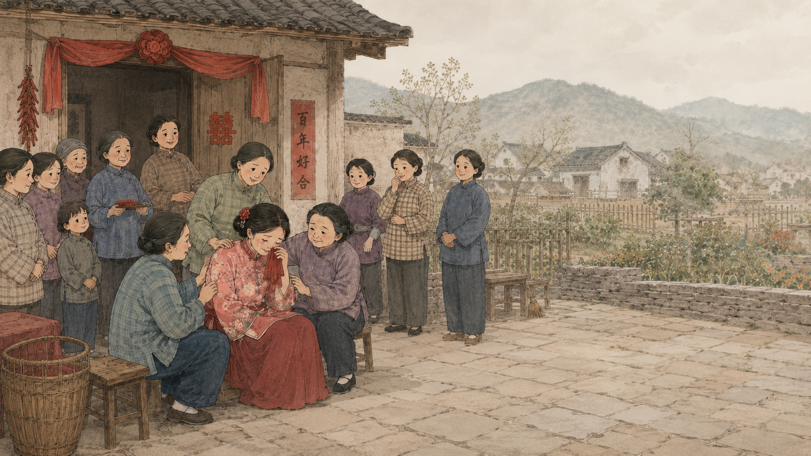 Hakka bride weeping with her family before leaving for her new home